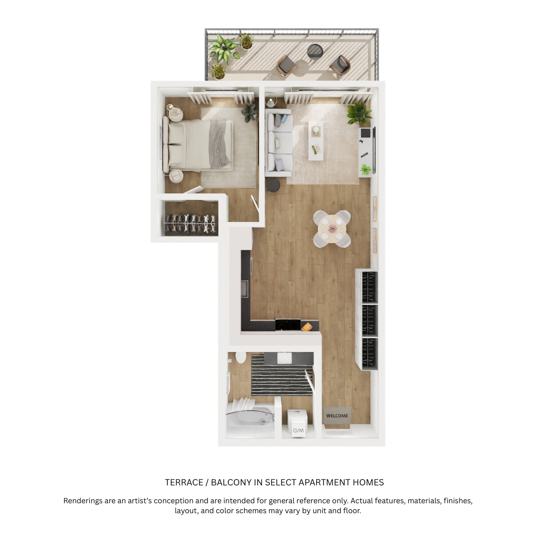 Floor plan for 1 bed, 1 bath, 672 sqft